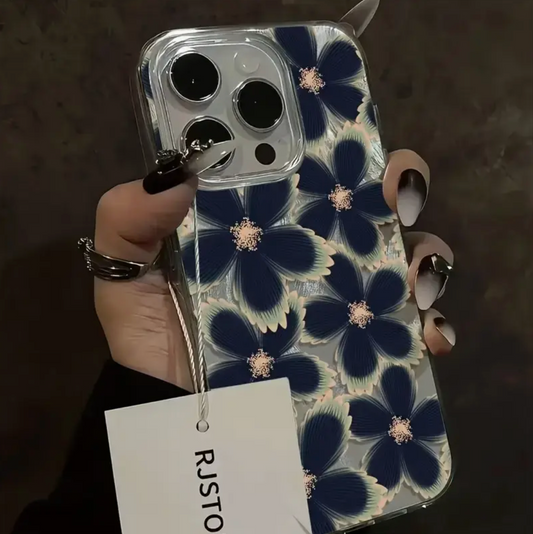 Luxurious Phone Case with a Black Floral Design And High-End Silver Feather Silk Texture