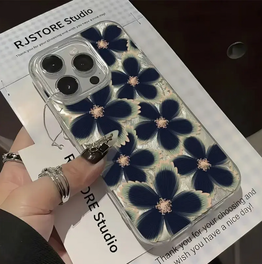 Luxurious Phone Case with a Black Floral Design And High-End Silver Feather Silk Texture